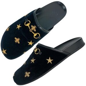 GUCCI Velvet Malaga Bee Star Embroidered Womens Horsebit River Slippers Mules 39